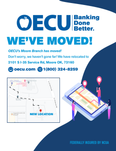 We've Moved! OECU's Moore branch has moved. We have moved to 2101 S I-35 Service rd. Moore, OK