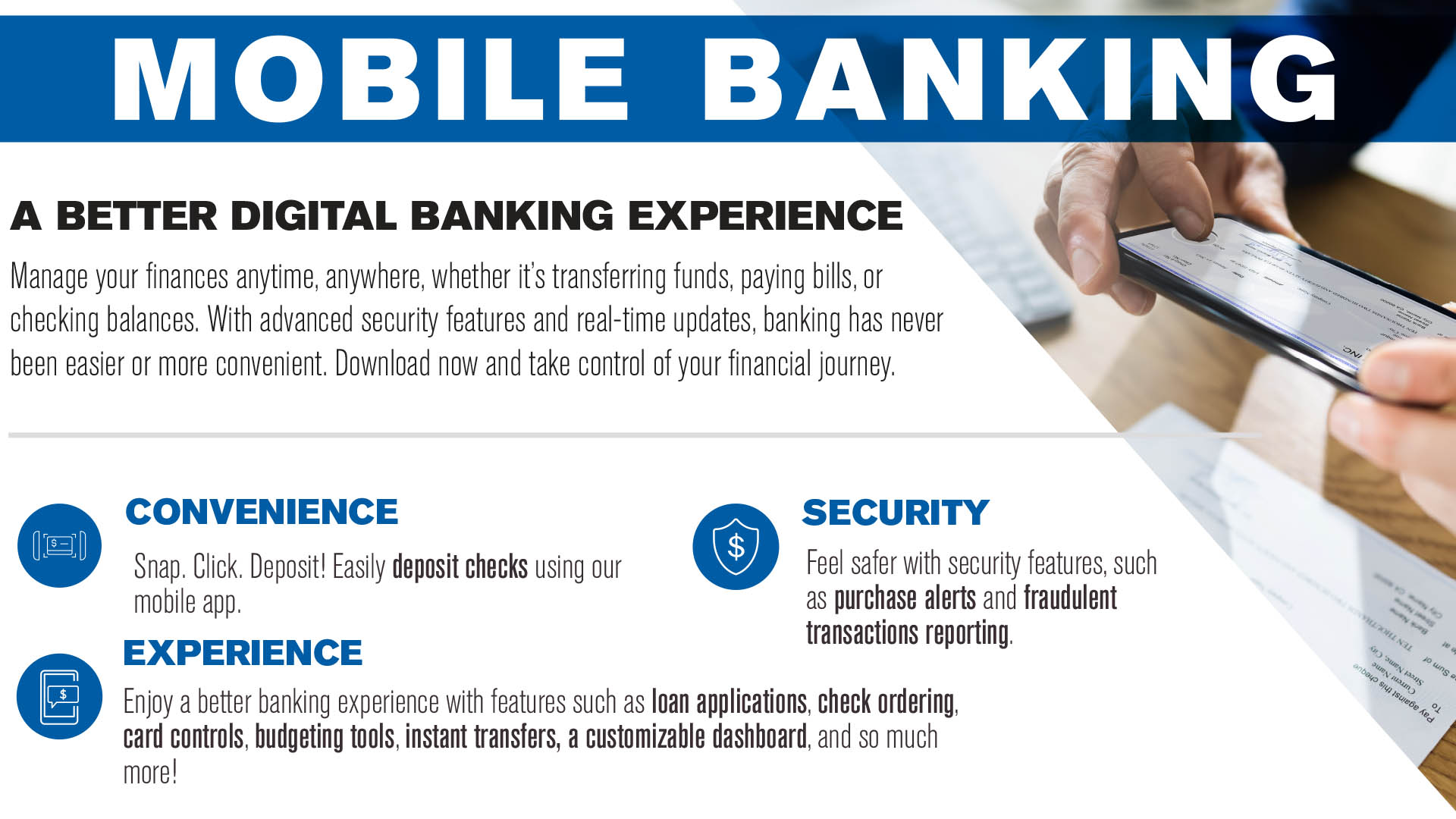 Mobile Banking - A better digital banking experience, describing why mobile banking is convenient, secure, and a good experience. Showing a man uploading a check deposit using mobile banking.