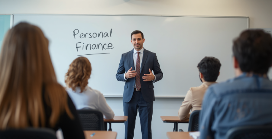 Teacher-in-Suit-Talking-To-Class-About-Personal-Finance