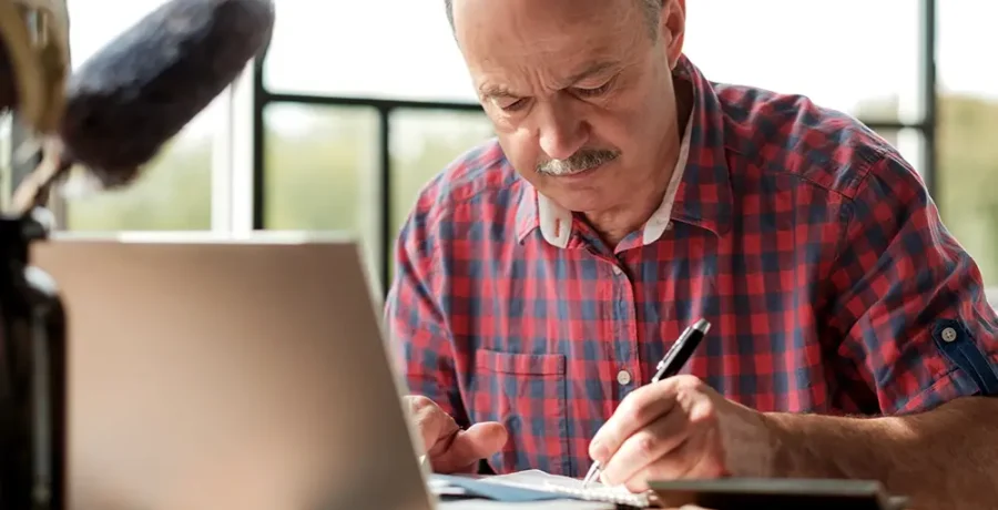 Man in red shirt studying at desk from a laptop computer while writing notes with a pen
